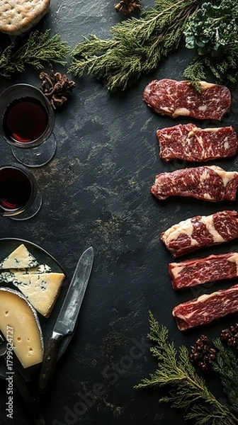 Obraz Raw Steak, Cheese and Red Wine Platter, Dark Food Layout, Catering Ingredient and Cooking Material