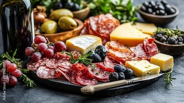Fototapeta Italian Charcuterie and Cheese Platter with Olives and Grapes, Appetizer Scene, Catering Photography and Italian Material