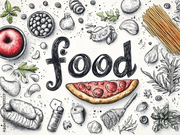 Fototapeta Hand-drawn Food Elements with "Food" Text, Catering Illustration Design, Food Art and Design Material