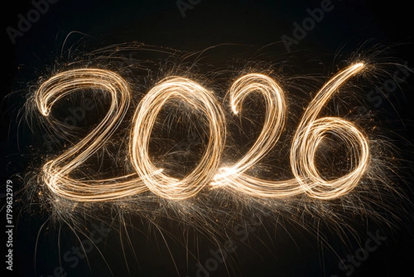 Fototapeta New Year 2026 written with sparkler lights on dark background  