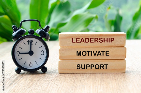 Obraz Leadership, motivate and support text on wooden blocks. Leadership concept.