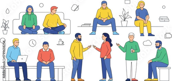 Obraz Illustration of diverse people sitting, talking, and working in casual environments, representing communication, teamwork, modern lifestyle, relaxation, collaboration, and social interaction.