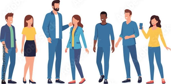 Obraz Group of young adults standing together, casual modern clothing, friendly diverse characters illustration, flat vector people, social interaction scene artwork.