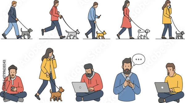 Fototapeta Collection of People Walking Dogs, Talking on the Phone, and Working on Laptops, Representing Daily Routine, Digital Nomads, and Urban Lifestyle Activities.