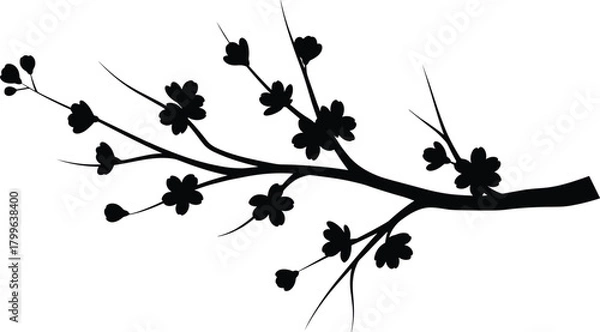 Obraz Minimalist Black Silhouette of a Blooming Cherry or Plum Tree Branch with Flowers and Buds, Isolated Vector Design for Oriental and Spring Themes.