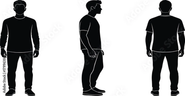 Obraz Male silhouette front side back poses, standing figure reference illustration, black outline character views, posture study graphic, human pose rotation