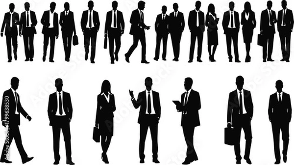 Obraz Silhouettes of professional business people walking, standing, and gesturing, diverse group of corporate men and women isolated on white, full length workers collection.