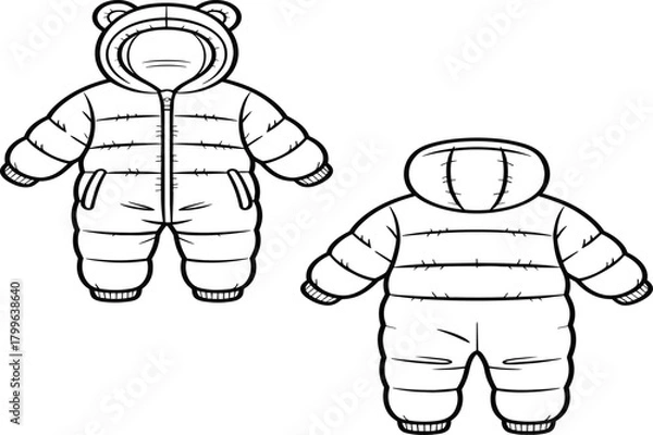 Obraz Black and white line art illustration of two puffy baby snowsuits, hooded winter jumpsuit drawing, infant warm clothes technical design, newborn outerwear apparel vector isolated.
