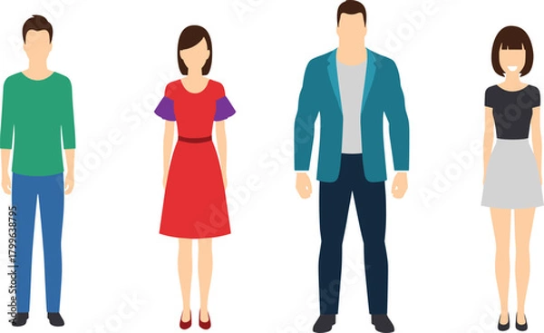 Obraz Flat vector illustration of four diverse people standing, modern character design, casual fashion outfits, isolated figures, simple minimal style artwork.