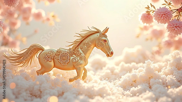 Fototapeta 桜と金色の幻想的な馬｜Fantasy Golden Horse with Sakura Blossoms