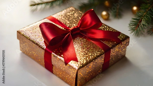 Obraz Golden Christmas Gift Box with Red Ribbon