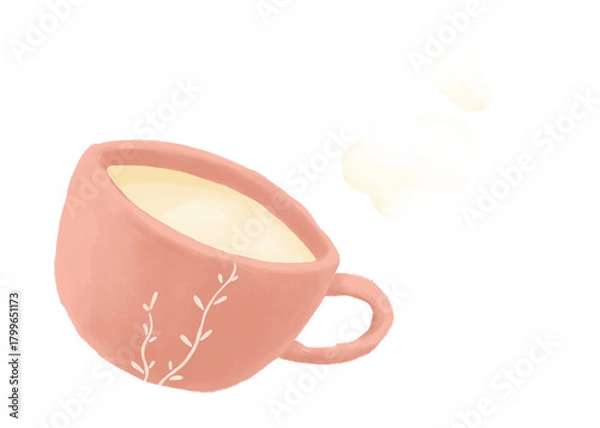 Obraz ホットミルク入りマグカップと湯気の水彩画