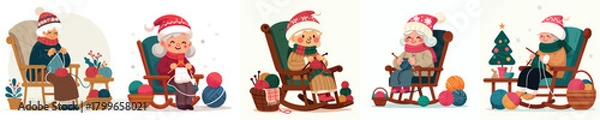 Obraz Grandma knitting in a winter rocking chair