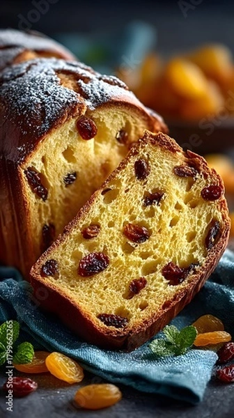 Fototapeta Artisan Freshly Baked Sweet Loaf with Golden Raisins and Delightful Apricots: A Warm, Cozy Kitchen Indulgence with Cinnamon and Cocoa Dusting