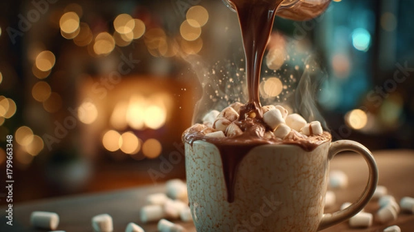 Fototapeta Cozy slow-motion hot chocolate pour with festive background.