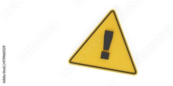 Fototapeta Yellow warning triangle with black exclamation mark over white background, attention, danger or communication business concept background with copy space from above