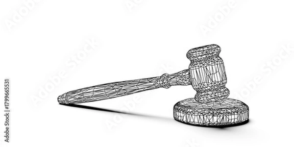 Fototapeta Black low poly wireframe wooden gavel, judges hammer or mallet on white background with copy space, law, legal or court concept