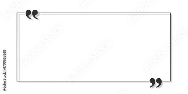 Fototapeta Black quotation marks in cutouts of thin line rectangle frame on white background, quote template with copy space