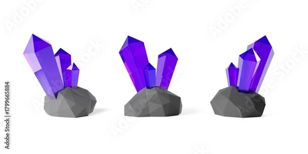 Fototapeta Groups of three violet colored gemstones or crystals on grey stone base on white background