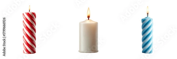 Fototapeta Three lit candles one red white striped one white cylinder and one blue white striped isolated on a transparent background