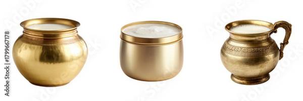 Fototapeta Three golden vessels filled with creamy white liquid and ornate detailing isolated on a transparent background