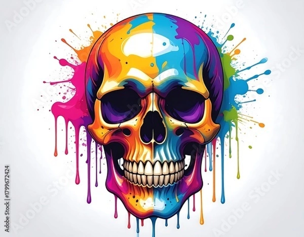 Obraz A vibrant skull illustration featuring a burst of colorful paint splatters, against a white background. The skull is detailed