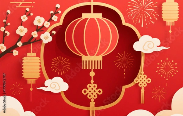 Obraz Chinese New Year festive mockup with red and gold palette, lanterns, fireworks, plum blossoms, Chinese knots, elegant paper-cut style, high-detail background for banners, posters, and social media