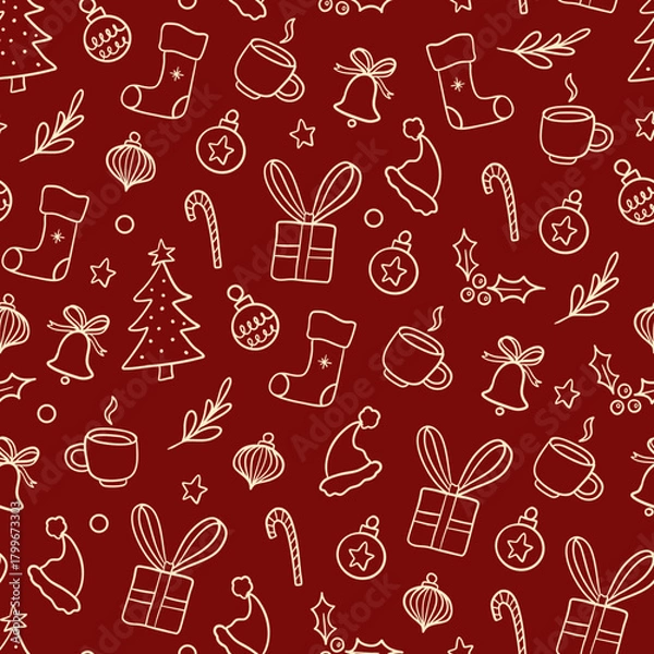 Obraz Simple red and beige Christmas Doodle Seamless Pattern