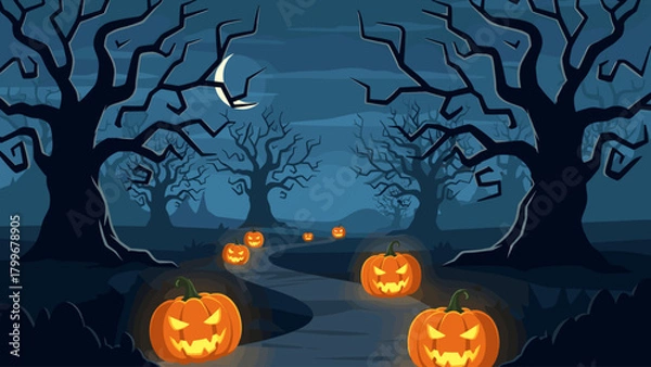 Fototapeta Spooky Halloween Night Path with Glowing Jack-o'-Lanterns and Eerie Bare Trees under a Crescent Moon