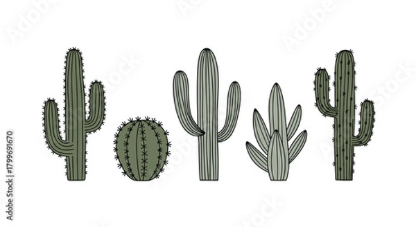 Fototapeta A charming collection of various cactus plants in silhouette form.