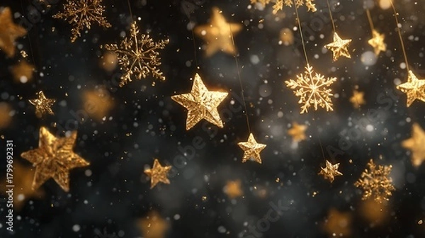 Fototapeta Elegant golden stars and snowflakes create a magical winter holiday atmosphere.