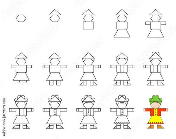 Obraz How to draw step by step? Worksheet easy guide to drawing cartoon boys. Developing kids skills for drawing and coloring.