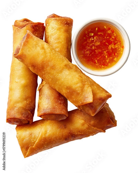 Fototapeta fried spring roll arranged with dipping sauce in appetizing party layout, delicious fried spring roll crafted for catering menus, buffet presentations, and social event food promotions. PNG die-cut