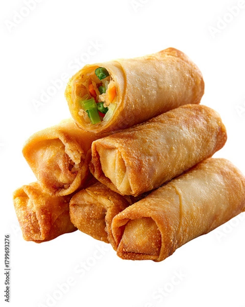 Fototapeta fried spring roll PNG cutout stacked in authentic street food style with visible vegetable filling, rich fried spring roll ideal for Asian flavor storytelling, street cuisine branding and snack