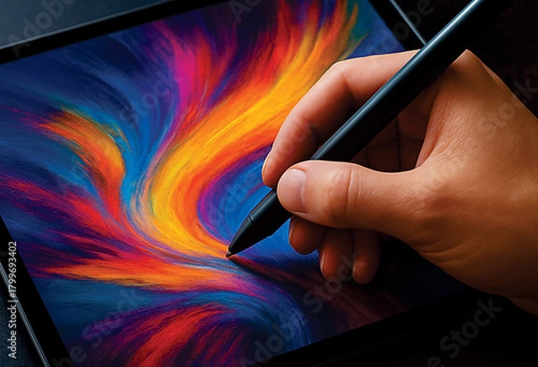 Fototapeta A close-up of a hand using a digital pen on a tablet, showcasing creative work.