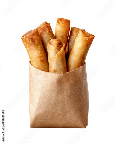 Fototapeta fried spring roll packed in kraft paper bag takeaway snack appeal, premium fried spring roll PNG die-cut ideal for food delivery branding, packaging design, and modern grab-and-go visuals
