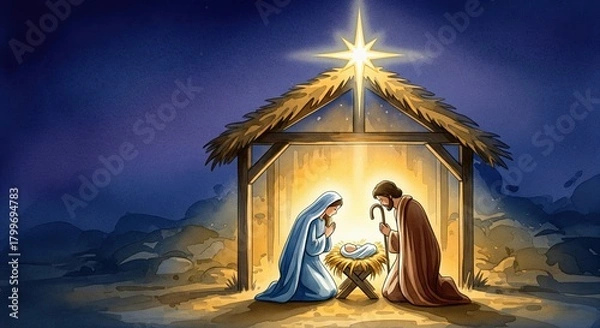 Fototapeta watercolor illustration, Nativity scene in a dark blue night sky, soft golden Bethlehem Star shining above the stable, Mary and Joseph beside the manger, gentle glowing light, rich saturated colors