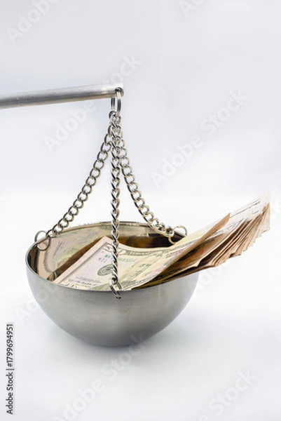 Fototapeta Financial balance concept with dollar bills on hanging scale closeup.