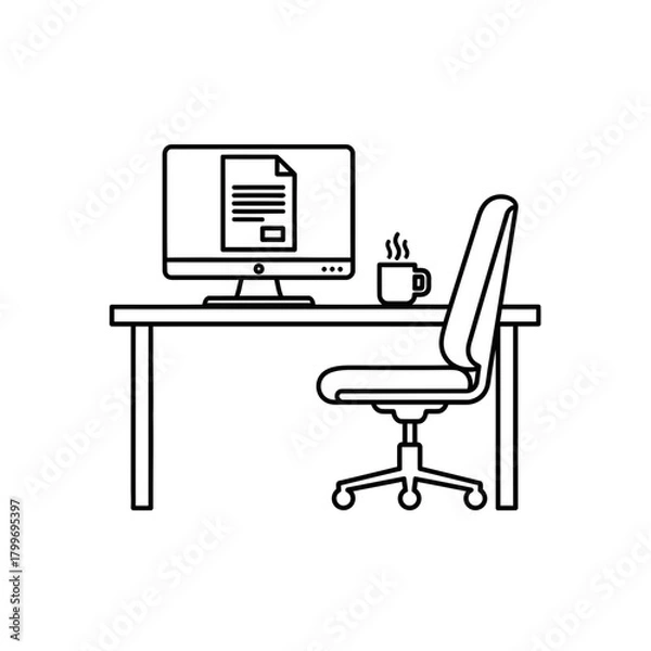 Obraz Home Office Workspace Icon with Computer Desk Chair and Coffee Cup