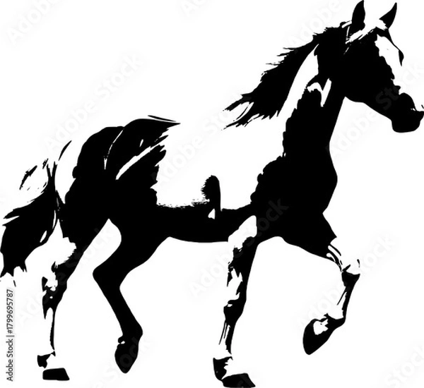 Obraz A dynamic black silhouette of a horse  exuding grace and strength against a clean white backdrop