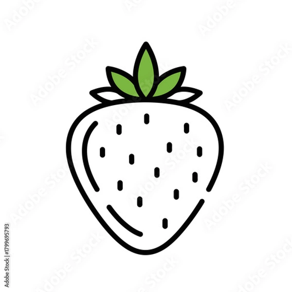 Obraz Strawberry Fruit Icon with Seeds and Green Leaves in Minimal Line Style