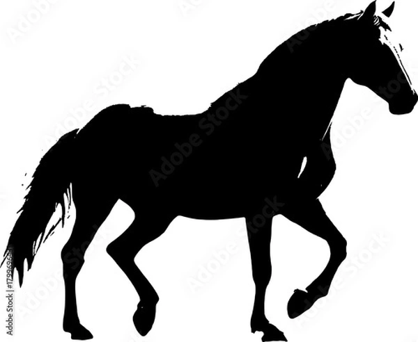 Obraz A dynamic black silhouette of a horse  exuding grace and strength against a clean white backdrop