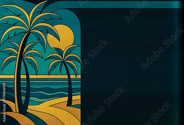 Fototapeta An Art Deco mural painting of stylized, streamlined palm trees on a beach, using bold geometric shapes and a limited palette of turquoise, gold, and deep navy blue.