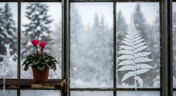 Fototapeta Winter Window View with Red Cyclamen Flower and Fern Decal