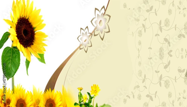 Fototapeta Cheerful illustration with bright sunflowers and lush green leaves, set against a soft, elegant floral background, creating a warm and inviting natural scene