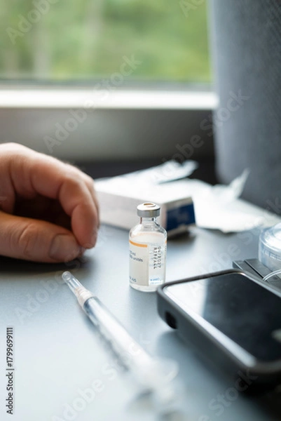 Fototapeta Insulin pump controller and infusion set components on train table during pump preparation