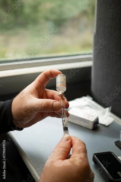 Fototapeta Drawing insulin into syringe from vial during diabetes medication preparation