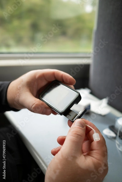 Fototapeta Attaching insulin infusion catheter to portable insulin pump in a moving train