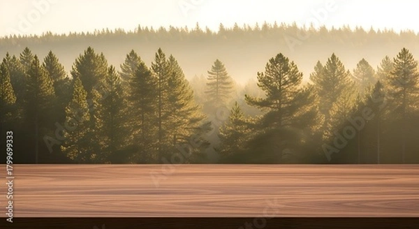Fototapeta Empty Wooden Table with Golden Hour Misty Forest Background