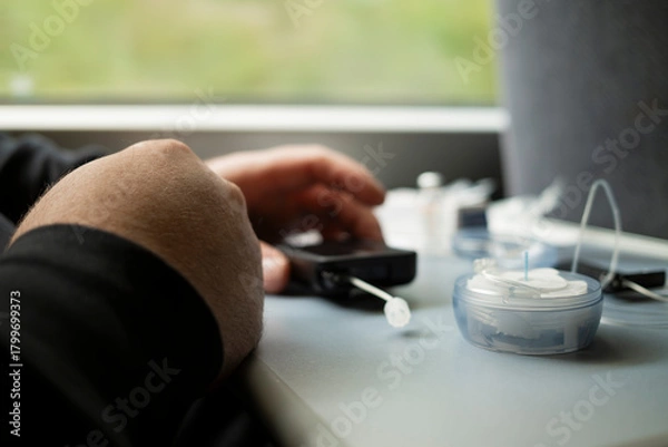 Fototapeta Insulin pump controller and infusion set components on train table during pump preparation